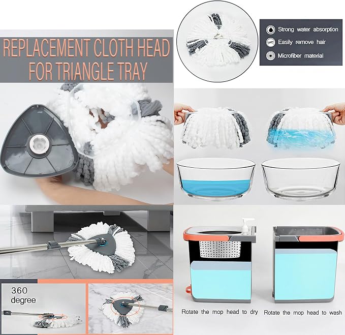 Spin Mop and Detachable Bucket Set with 5 Reusable Microfiber mop Head Dual-Chamber Water System Spining Mop Floor Cleaning Kit for Hardwood Tile Laminate Floors (Gray)