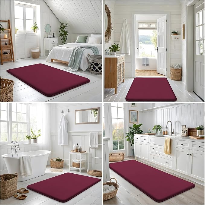Smiry Memory Foam Bath Mat 24x16, Extra Soft and Absorbent Bathroom Mats, Non Slip Washable Carpet for Floor, Shower and Tub, Burgundy