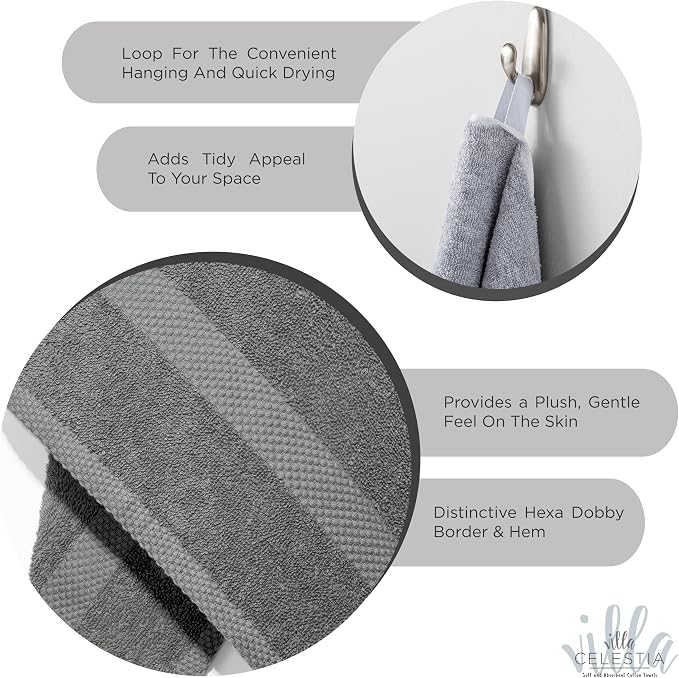 Villa Celestia 24-Piece 100% Cotton Towel Set, 6 Bath Towels, 6 Hand Towels, 12 Wash Cloth, Quick-Dry, Grey