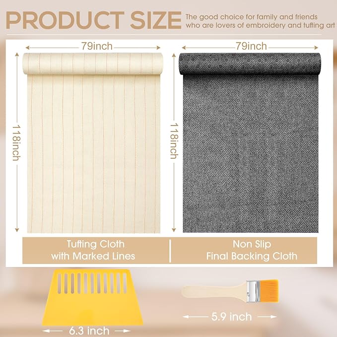 Tudomro 4 Pcs 79'' X 118'' Monks Cloth for Rug Non Slip Backing | Tufting Backing Cloth with Anti-slip Dots, Includes Cleaning Brush and Scraper for DIY Rug Making, Durable Weave Fabric