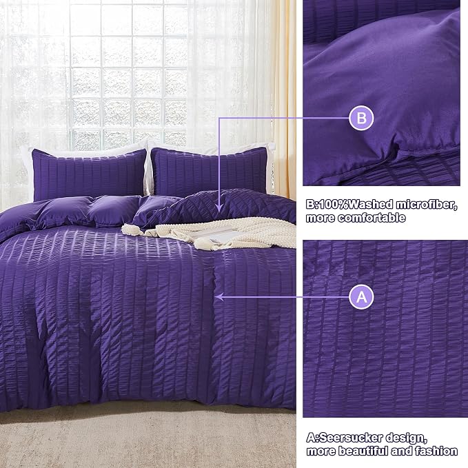 AveLom Seersucker Duvet Cover Set Queen Size (90 x 90 inches), 3 Pieces (1 Duvet Cover, 2 Pillow Cases), Dark Purple Ultra Soft Washed Microfiber, Textured Duvet Cover with Zipper Closure, Corner Ties