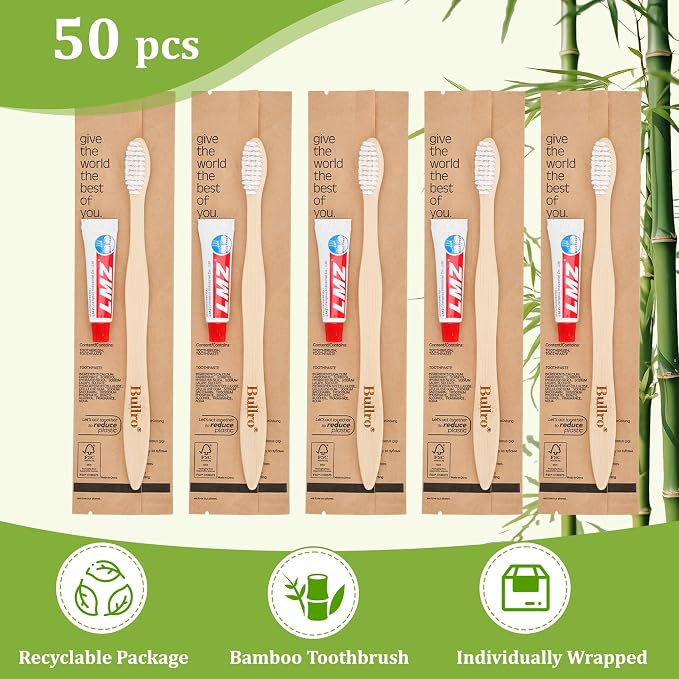 Disposable Bamboo Toothbrush Kit (50 Pack) with 6g Toothpaste - 100% Natural Biodegradable - Individually Wrapped Disposable Amenities for Hotel, Airbnb, Travel, Camping, Homeless & Guest Use