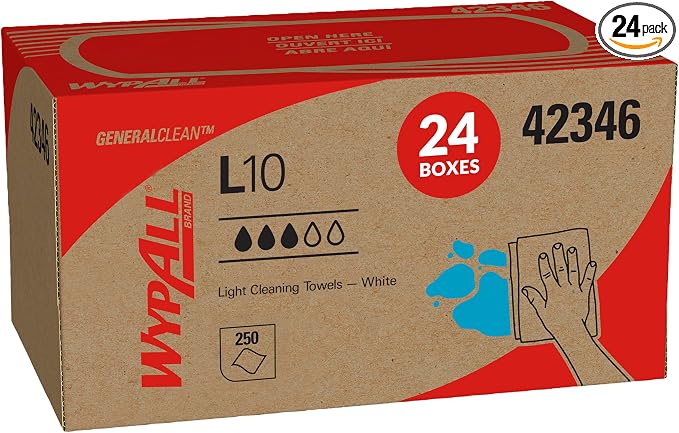WypAll GeneralClean L10 Cloths Light Cleaning Wipes (42346), Pop-Up Box, Bulk Paper Wipers, White (24 Packs of 250 Sheets, 6,000 Sheet Total)