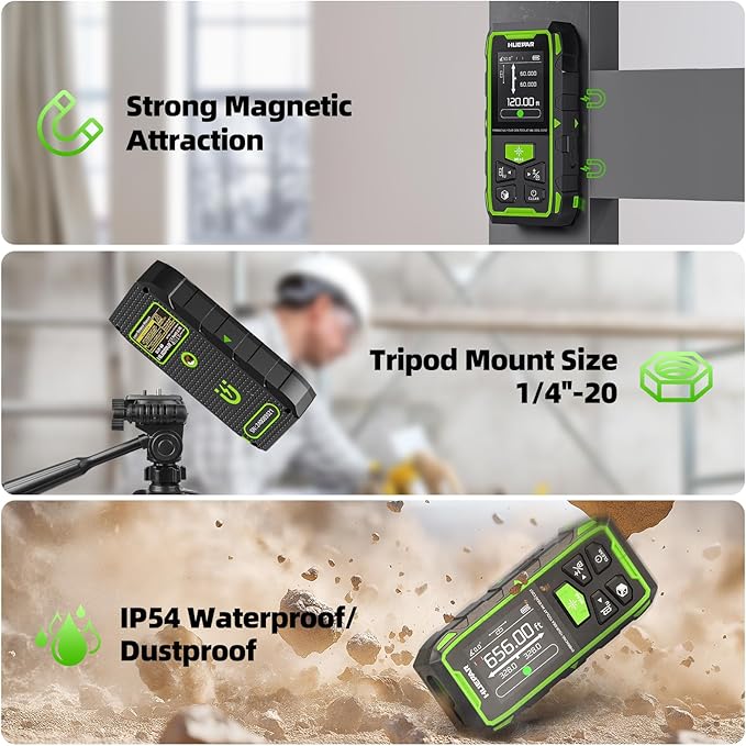Huepar Dual Laser Measuring Tool, 656Ft Green-Beam Bilateral Digital Laser Distance Measure 6 Units Ft/in/M, Rechargeable Laser Measurement Tool -Backlit LCD Display, Length/Area/Volume/Angle Sensor