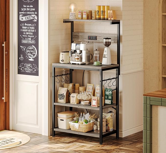 SUPERJARE Kitchen Bakers Rack with Power Outlet, Coffee Bar Table 4 Tiers, Kitchen Microwave Stand with 6 S-shaped Hooks, Kitchen Storage Shelf Rack for Spices, Pots and Pans - Greige