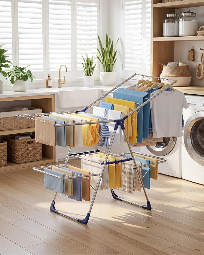 Sakugi Clothes Drying Rack, Foldable 2-Level Laundry Drying Rack with Height-Adjustable Wings, for Clothing & Bedding, Free-Standing Space-Saving Rack, Indoor & Outdoor, 55.5"L × 22.8"W, Silver Blue