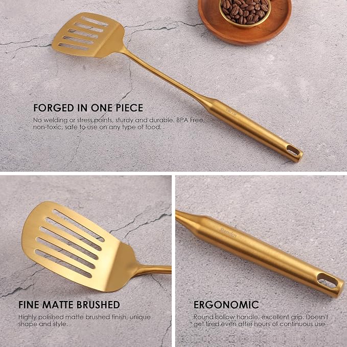 Gold Kitchen Utensils Set - 15" All Metal Cooking Tools Set of 9 | 18/10 Stainless Steel Cooking Utensils - Fork, Solid/Slotted Spoon, Spatula, Ladle, Skimmer, Turner, Pasta Spoon, Large Spoon