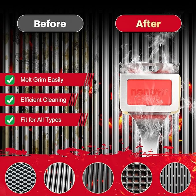 Grill Brush Bristle Free with 5 Replaceable Pads, BBQ Grill Brush Replaceable Cleaning Head, Grill-Cleaner Brush for Cast Iron/Stainless Steel Grates, Gift for Men Dad-Red