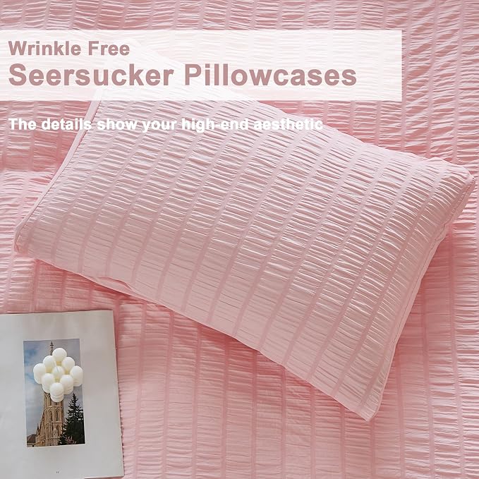 AveLom Blush Pink Seersucker Duvet Cover Set Queen Size (90 x 90 inches), 3 Pieces (1 Duvet Cover + 2 Pillow Cases), Ultra Soft Washed Microfiber, Textured Duvet Cover with Zipper Closure, Corner Ties