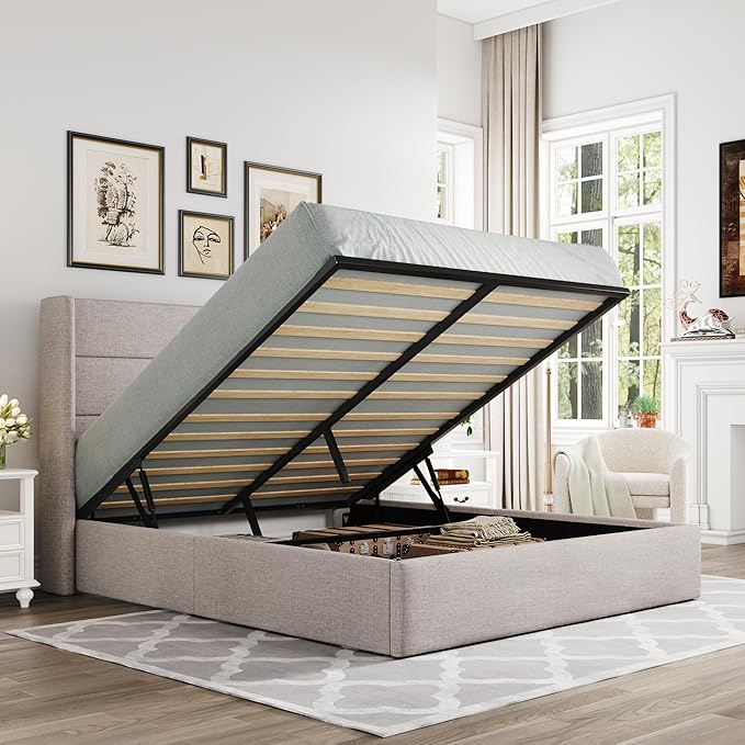 Allewie Full Size Lift Up Hydraulic Storage Bed Frame Light Beige | Modern Wingback Headboard, Hydraulic Support Storage, No Box Spring Needed