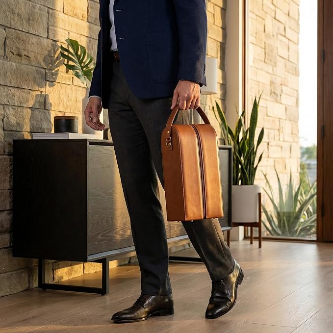 Bey-Berk Vino Brown Leather Double Wine Caddy, Two-Bottle Travel Case with Zipper Closure and Corkscrew Bar Tool