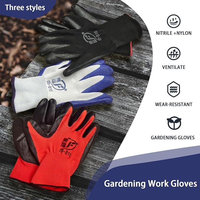 YOUKE OLA 120 Pair Gardening Gloves for Men Women, Breathable Rubber Coated Garden Gloves Working Gloves for Gardening, Construction (Black, Red, Blue)