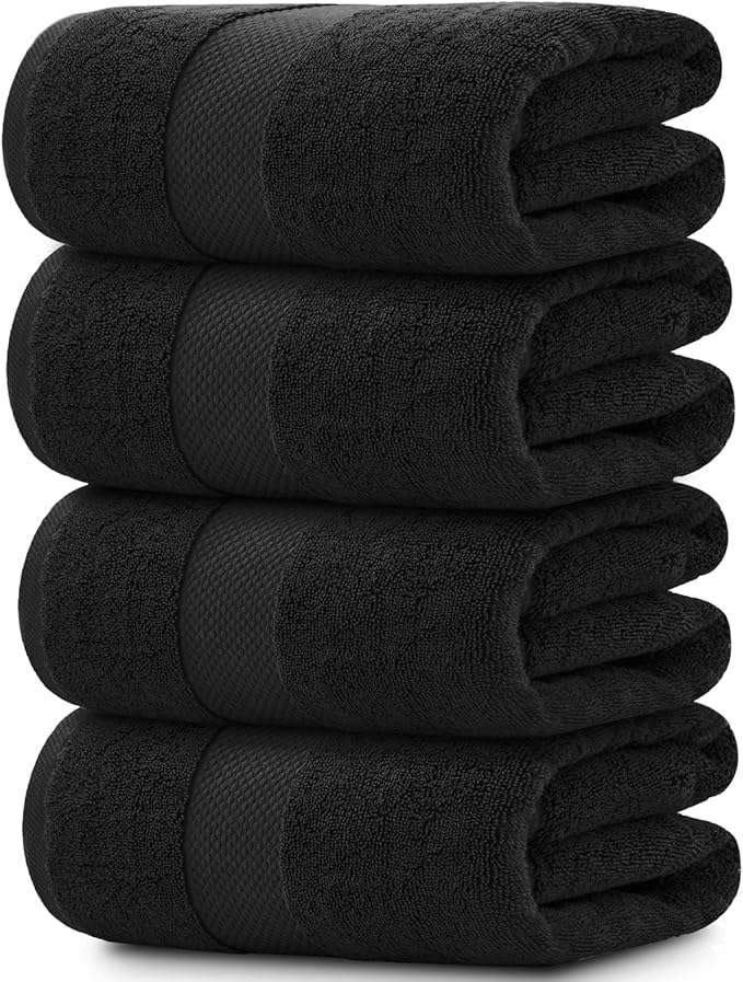White Classic Luxury Black Bath Towels Extra Large | 100% Soft Cotton 700 GSM Thick 2Ply Absorbent Quick Dry Hotel Bathroom Towel | 27x54 Inch | Black | Set of 4