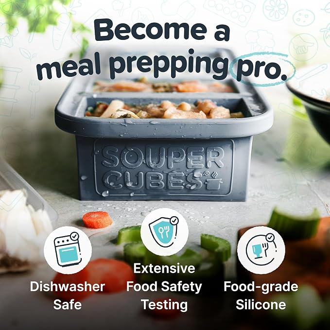 Souper Cubes 1 Cup Silicone Soup Freezer Molds with Lids, Charcoal, 2-Pack | 100% Platinum-Cured Silicone Freezer Cubes, Oven and Microwave Safe, Perfect for Freezing Soup, Protein, Grains and More