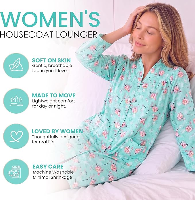 Casual Nights Women's Floral Snap Front Flannel Duster Long Sleeve Lounger Dress