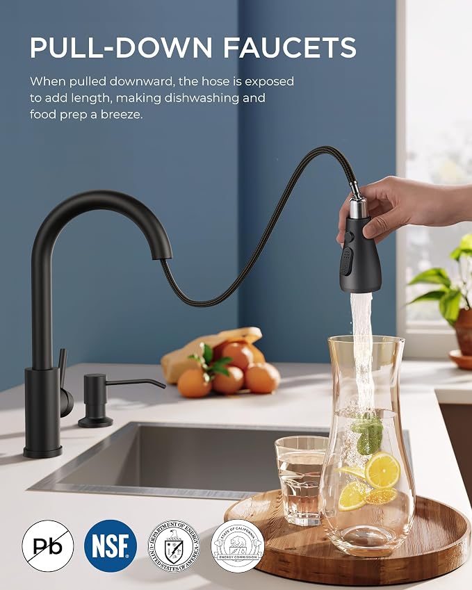 FORIOUS Black Kitchen Faucet with Soap Dispenser, Single Handle Stainless Steel Transitional Sink Faucet with Pull Down Sprayer 1 or 3 Hole, Suitable for Farmhouse Laundry Camper RV Bar