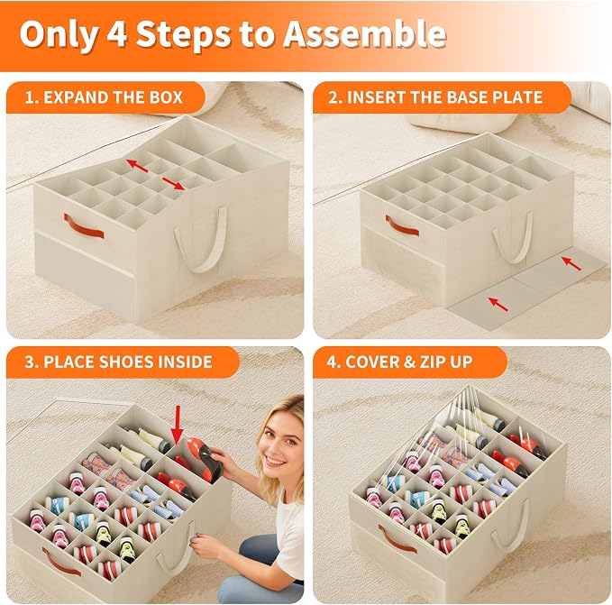 Aokeyee 2 Pack Shoe Organizer for Closet, Large Shoe Storage Box, Beige | Fits up to 48 Pairs, Stackable, Space Saving, Foldable, Shoes Organizer Bin with Clear Cover, 4 Reinforced Handles