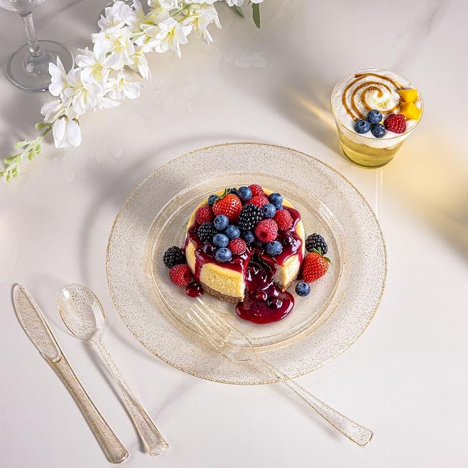 BESTVIP 600PCS Gold Glitter Dinnerware Set for 100 Guests, Plastic Plates for Party, 100 Gold Disposable Plates, 100 Dessert Plates, 100 Cups, 100 Spoons, 100 Forks and 100 Knives
