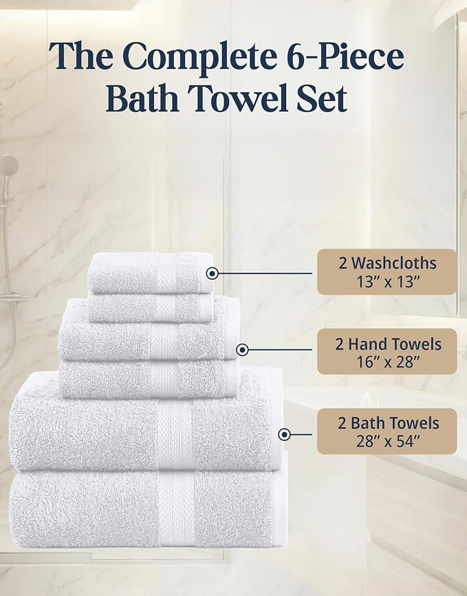 LANE LINEN Bath Towel Set 100% Cotton 6 Piece Soft Absorbent - White | Shower Towels - Generously Sized, Oversized & Roomy, Lightweight & Breathable, Fade-Resistant Color, Classic Terry Weave