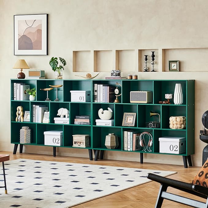 LEYAOYAO 10 Cube Bookshelf,Mid-Century Modern Bookcase with Legs,Dark Green | 3 Tier Book Shelf, 55" Wide Rustic Wood Bookshelves Large Storage Organizer, Open Shelves for Bedroom, Living Room, Office