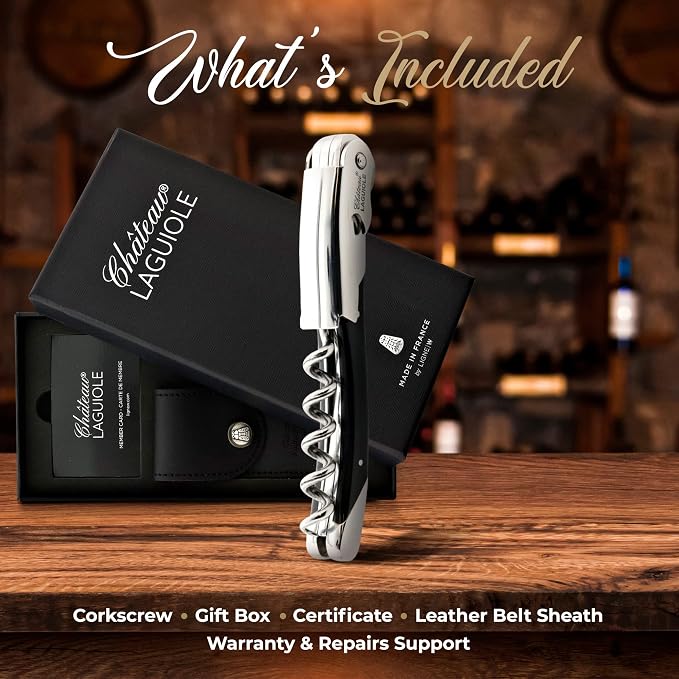 Chateau Laguiole Corkscrew - Luxury French Wine Opener Grand Cru Black Horn Handle with Leather Sheath & Gift Box