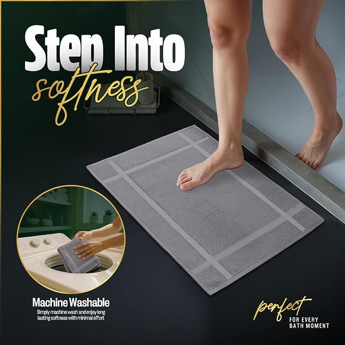 Pearl Linens 100% Ring Spun Cotton Bath Mat (Pack of 6) 18 x 25 Inch, Washable, Soft & Absorbent Terry Bathroom Floor Mat – Not Bathroom Rugs – Quick-Dry After Shower Bath Mat, 781 GSM, Light Grey
