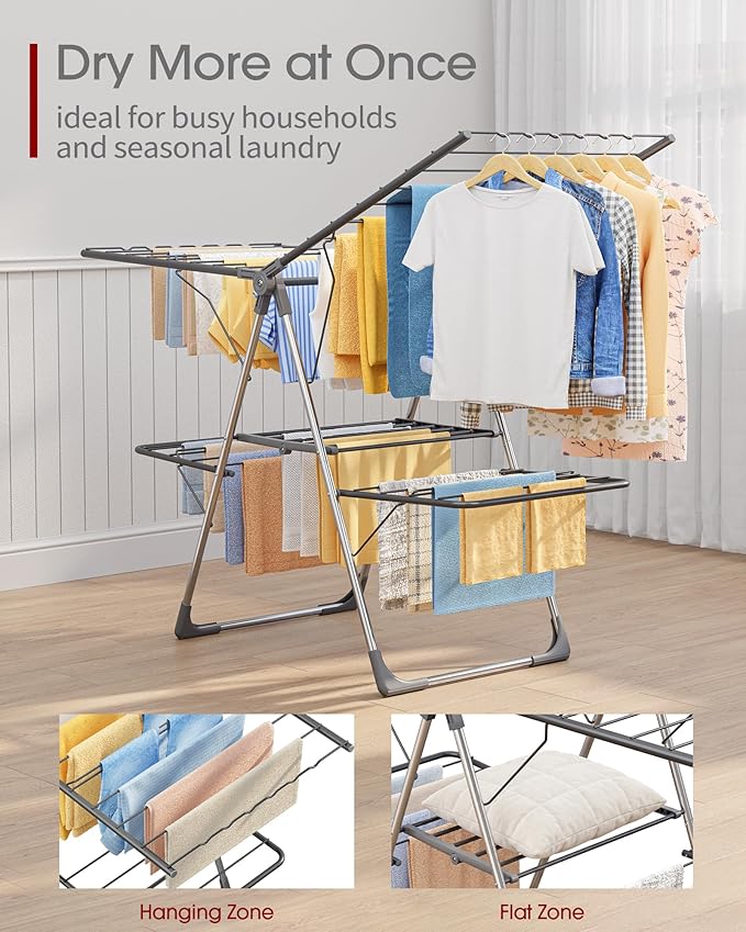 Sakugi Clothes Drying Rack, Foldable 2-Level Laundry Drying Rack with Height-Adjustable Wings, for Clothing & Bedding, Free-Standing Space-Saving Rack, Indoor & Outdoor, 55.5" L × 22.8" W, Gray