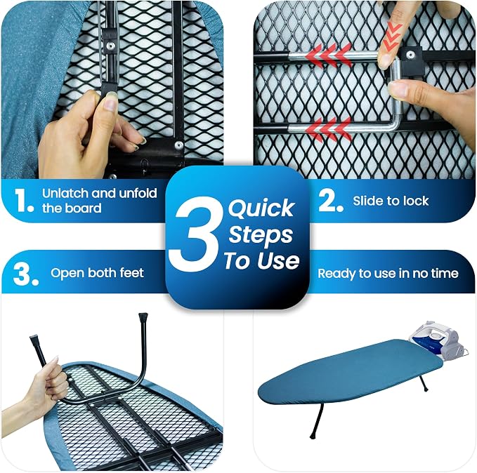 Metal Mesh Panel Tabletop Ironing Board | Foldable Iron Board | Heavy Duty Small Iron Board with Heat Resistant Cover and 100% Cotton 8mm Thicken Pad (Blue)