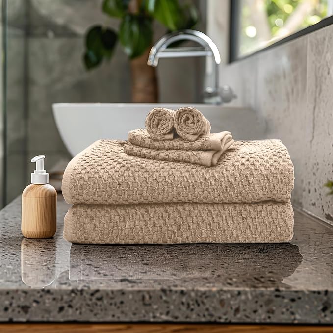 COTTON CRAFT Euro Spa Waffle Weave 6 Piece Towel Set - 100% Cotton - Linen | 2 Oversized Luxurious Large Bath Towels, 2 Hand Towels, 2 Washcloths - Soft Plush Super Absorbent Low Lint Quick Dry