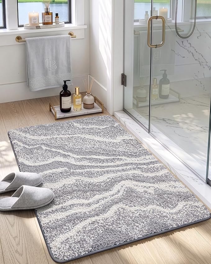 DEXI Bathroom Rug Mat 43x24, Soft and Absorbent Marble Bath Mat, Non Slip Machine Washable Bath Rugs for Shower Floor, Tub, Sink, Grey