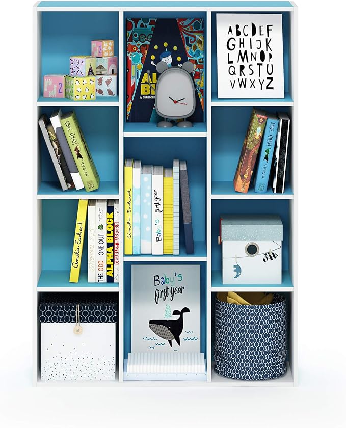 Furinno LUDER Book Shelf, 11-Cube Bookshelf, Reversible Bookcase, 9.4 x 29.1 x 41.7, Easy Assembly, for Living Room, Bedroom, Home Office, White/Light Blue