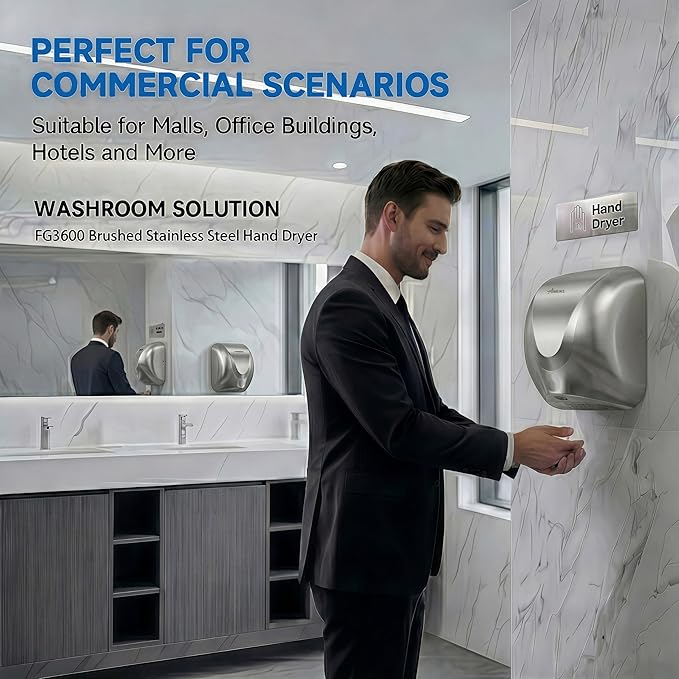 Commercial Hand Dryer for Bathroom, Automatic Wall Mounted Stainless Steel Electric Hand Dryer for Restrooms, Offices, Hotels, Restaurants & Public Facilities, Silver