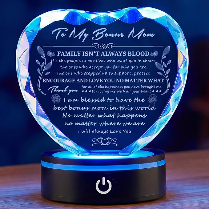 Bonus Mom Gift Ideas from Daughter Son, Gifts for Bonus Mom, Gifts for Step Mom for Valentines Birthday Mothers Day Christmas, Crystal Keepsake with Light Base