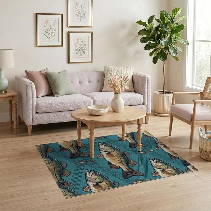 4'x6' Washable Area Rug Bass Trophy Catch Vintage Lure Spotted Tackle Motif Fish Fishing Refined Stain Resistant Low Profile for Dorm Room, Small Living Apartment