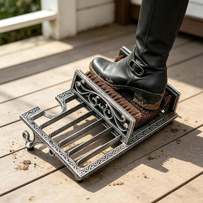 Heavy Duty Outdoor Boot Scrubber with Heel Remover | Vintage Sliver Cast Iron Boot Brush Scraper for Porch Garage Entrywa | Boot Cleaning Tool for Muddy Shoes