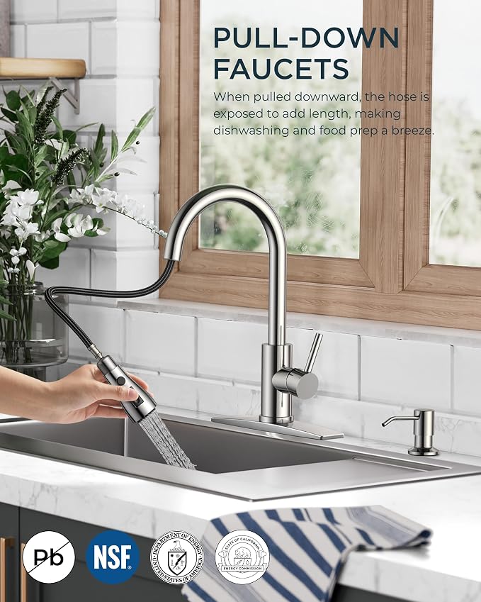 FORIOUS Kitchen Faucets with Soap Dispenser and Pull Down Sprayer, Brushed Nickel, Bar High Arc Single Handle Classic 3 Modes Stainless Steel Faucet for Kitchen Sink Farmhouse RV Laundry Camper