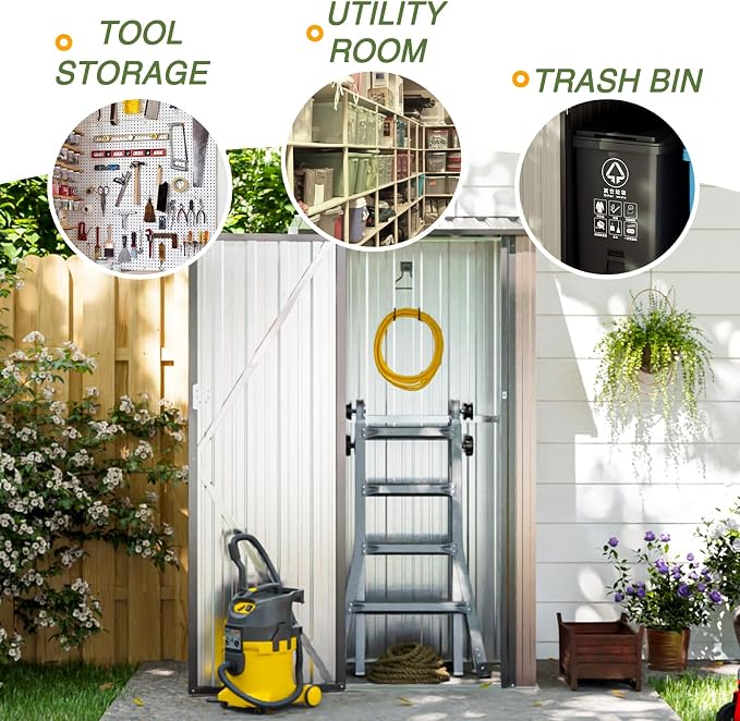 Aoxun 3’x2.1’ Shed Outdoor Storage Shed, Brown | Metal Shed with Lockable Doors & Slooping Roof Garden Tool Shed for Backyard, Patio, Poolside