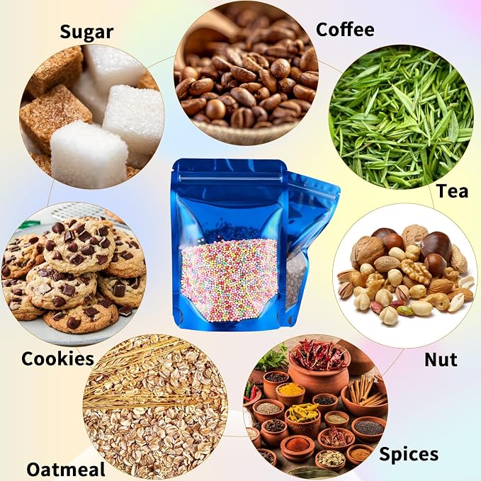 150 Pcs Mylar Bags for Food Storage, 5x8 Mylar Bag with Window Stand Up, Small Holographic Resealable Bags Smell Proof Bag Food Packaging for Small Business Freeze Dried Candy Jewelry Foil Packaging