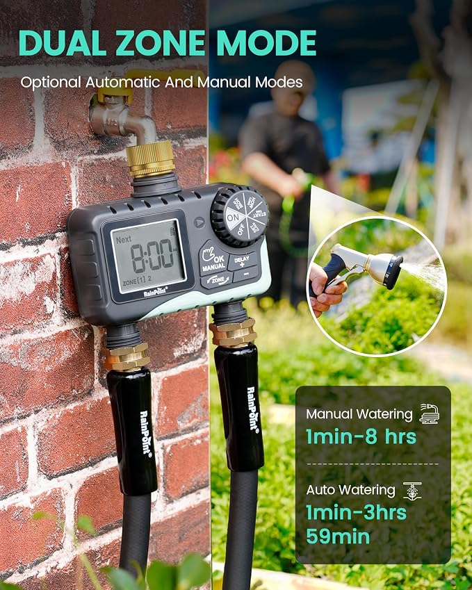 RAINPOINT Sprinkler Timer 2 Outlet, Water Timer for Garden Hose, Programmable Drip Irrigation for Yard Outdoor Watering, Rain Delay/Manual/Automatic (Brass, 1 pcs)