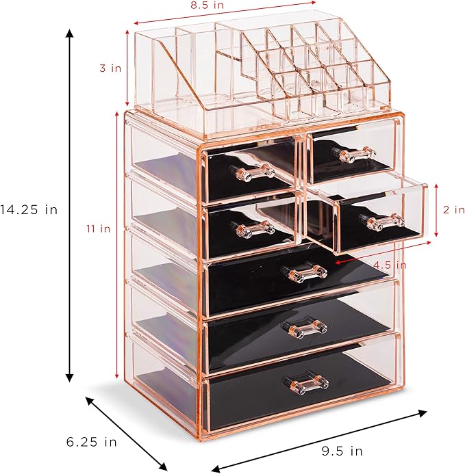 Sorbus Acrylic Makeup Organizer Set, 7-Drawer Vanity & Countertop Cosmetic Storage with Small & Wide Compartments, Pink Makeup Storage for Brushes, Jewelry – Holiday Gift for Women & Teens