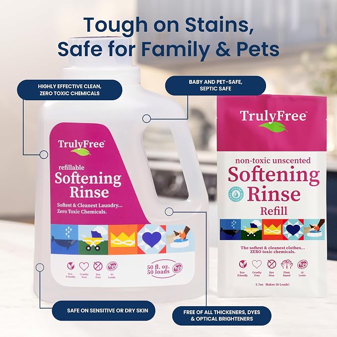 Truly Free Natural Fabric Softener | Non-Toxic for Babies & Kids Sensitive Skin | Plant-Based Laundry Softening Conditioner | Safe, Gentle & Chemical-Free | Unscented | 1 Empty Jug + 1 Fill (2.7 oz)
