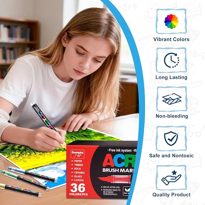 Guangna Acrylic Paint Markers Brush Tip, 36 Vivid Colors with Direct-Liquid Ink Control System, Professional-Grade Paint Pen for Rock Painting, Canvas, Glass, Plastic, Fabric, Eggs