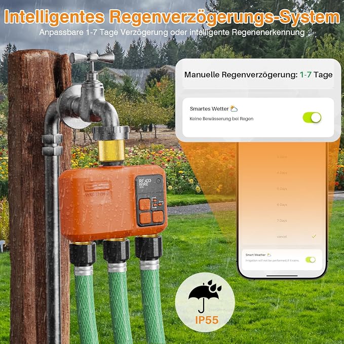 WiFi Water Timer for Garden Hose 3‑Zone, Smart Hose Timer with 984ft Long‑Range & Strong Wall‑Penetration, APP & Control,Voice Control, Rain Delay & Manual Mode, Brass Inlet & Outlet