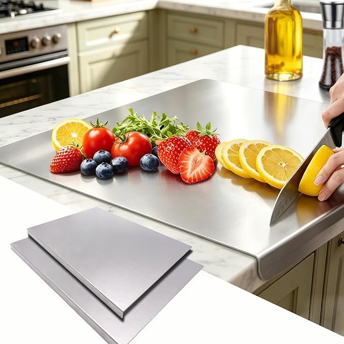 2PCS Large Stainless Steel Cutting Boards with Lip, Kneading Cutting Board Mats, Metal Cutting Board for Meat, Fruits, Vegetables, Bread, Baking, Non Adhesive (19.75" x 15.75", 15.75" x 11.5")
