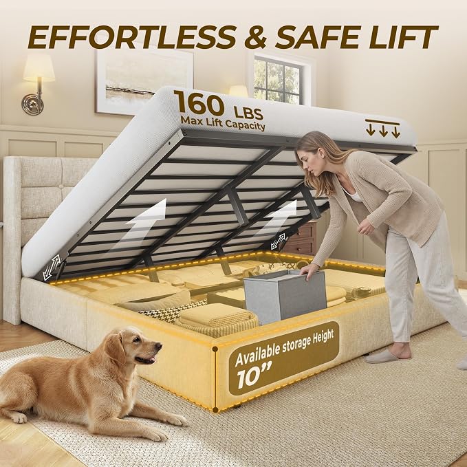 HISOFT King Size Lift Up Storage Bed Frame, Linen Upholstered Platform Bed with Wingback Headboard, Heavy Duty Hydraulic Gas Lift Underbed Space, Reinforced Full Metal Slats, Noise Free, Beige