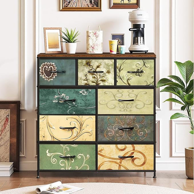 9-Drawer Dresser for Bedroom, Anti-Tip Tall Storage Organizer Chest of Drawers with Wooden Top and Metal Frame Fabric Bins for Closet, Living Room, Hallway, Entryway, Floral Painted