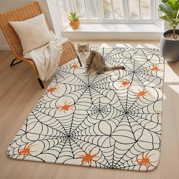 Halloween Washable Area Rugs for Living Room Bedroom, Large Non Slip Indoor Floor Carpet Absorbent Black Net Classic Spiders Gingham Orange Rustic Door Mat Rugs for Bathroom Entryway 63"x78.7"