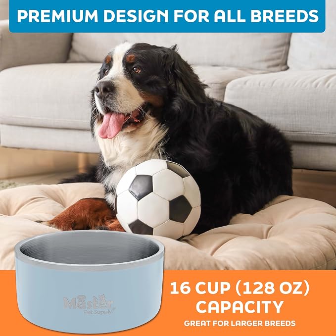 Master Pet Supply Stainless Steel Dog Bowls - 128 oz, Heavy Duty - Glacier Blue, Double Wall Extra-Thick Insulated, Non-Slip Pet Water Bowl for Dogs, Cats & Pets, Anti Rust Metal, Dish Washer Safe