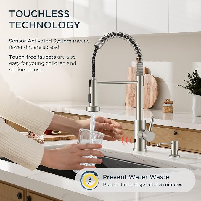 FORIOUS Touchless Kitchen Faucet with Soap Dispenser, Brushed Nickel | Single Handle Stainless Steel, Smart Hands-Free Sink Faucet with Pull Down Sprayer for Camper Rv Bar, Motion Sensor Activated