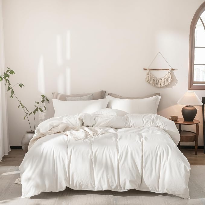 Off White Duvet Cover Super Queen Size 100% Washed Cotton Bedding Set Cover 1 Duvet Cover Zipper Closure and 2 Pillowcases, 98inchx90inch